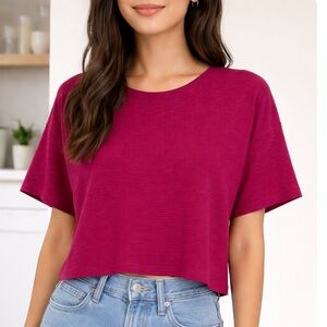 Eileen Fisher Sweater Womens XXS Organic Linen Cotton Magenta Short Sleeve Knit